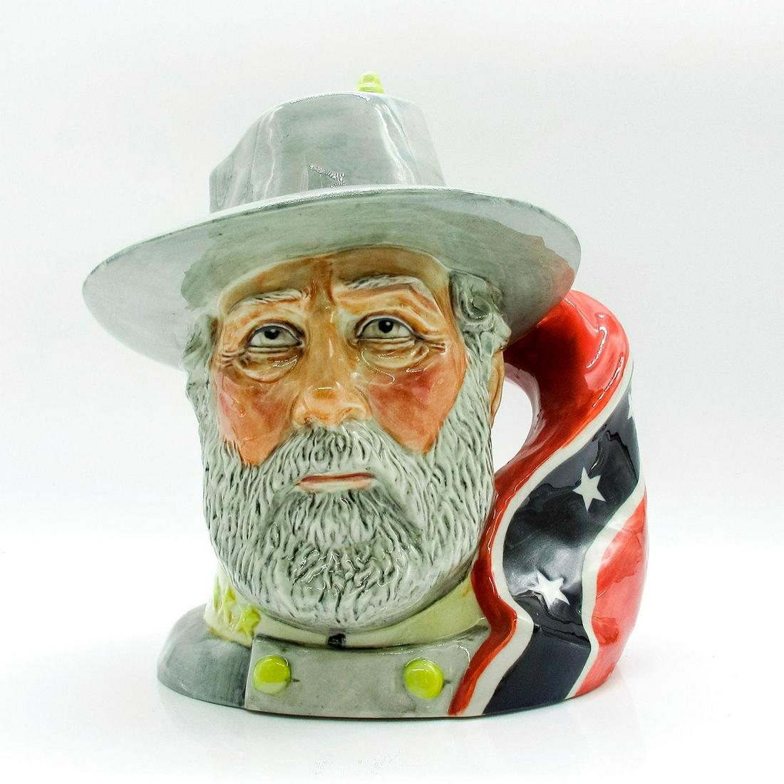 Prestige Jugs Character Jug, Robert E. Lee: Artist signed character jug modeled as Robert E. Lee. Hand-made and hand-painted in Staffordshire, England. Robert E. Lee is featured wearing a gray confederate uniform and hat with light yellow detai