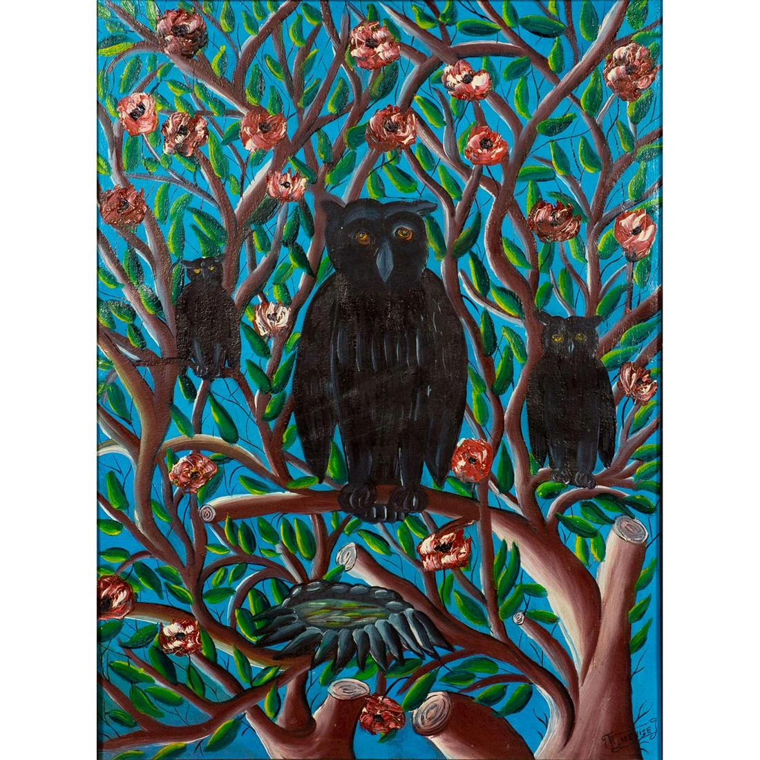 Fritz Merise (Haitian, b. 1946) Original Oil Painting, Owl (1 of 6)