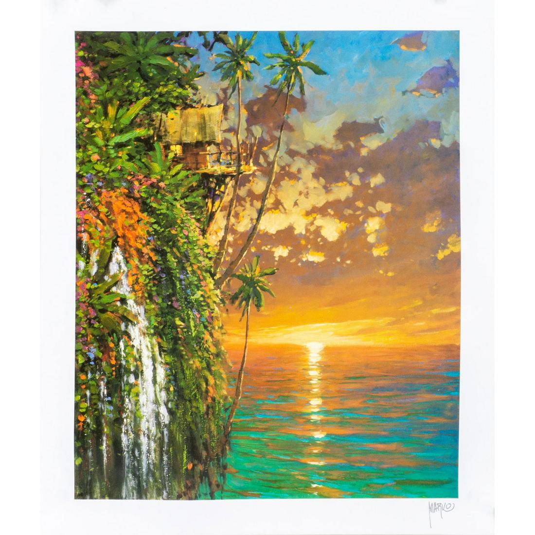 Marko Mavrovich (Croatian American b.1960) Seriolithograph: Title: I Think of You this Time of Day. Unframed seriolithograph in color on paper. Comes with COA. Printed signature on lower right. Marko Mavrovich style is unique but methodical; he generally paint