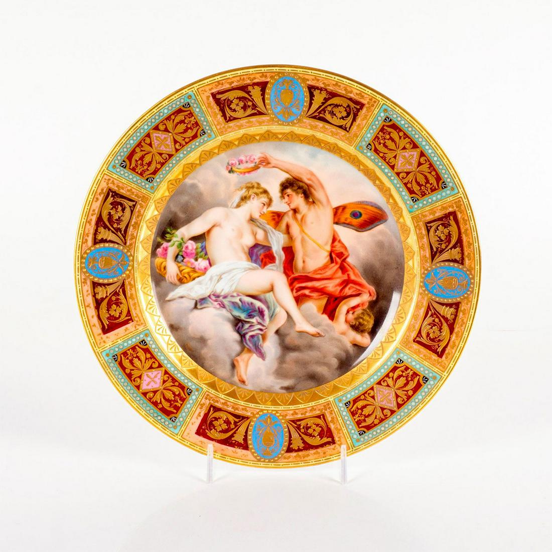 Antique Royal Vienna Large Porcelain Plate Charger Rubens: Depicting a loving couple sitting on a cloud and a cherub watching them. Vibrant colors. Very detailed. Gilded rim with a textured ornaments. Beehive blue mark on the back. #Rubens #Myphology #RoyalVi