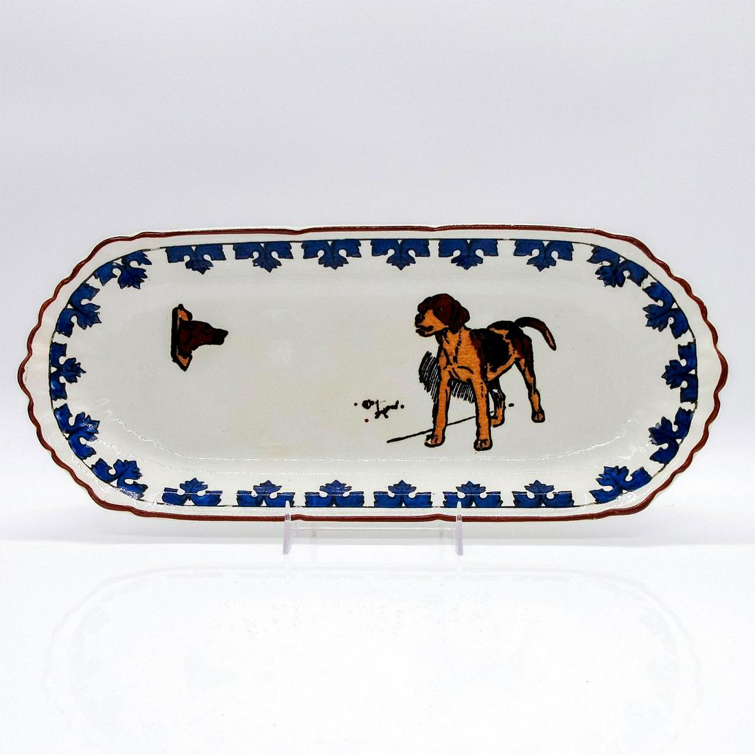 Royal Doulton Cecil Aldin Dog Oblong Serving Tray: Part of the 'Aldin's Dogs' series. Depicting Aldin's dog design, within a blue stylized foliate border and brown rim. Royal Doulton backstamp. #RoyalDoulton #CecilAldin #Dog Artist: Ce
