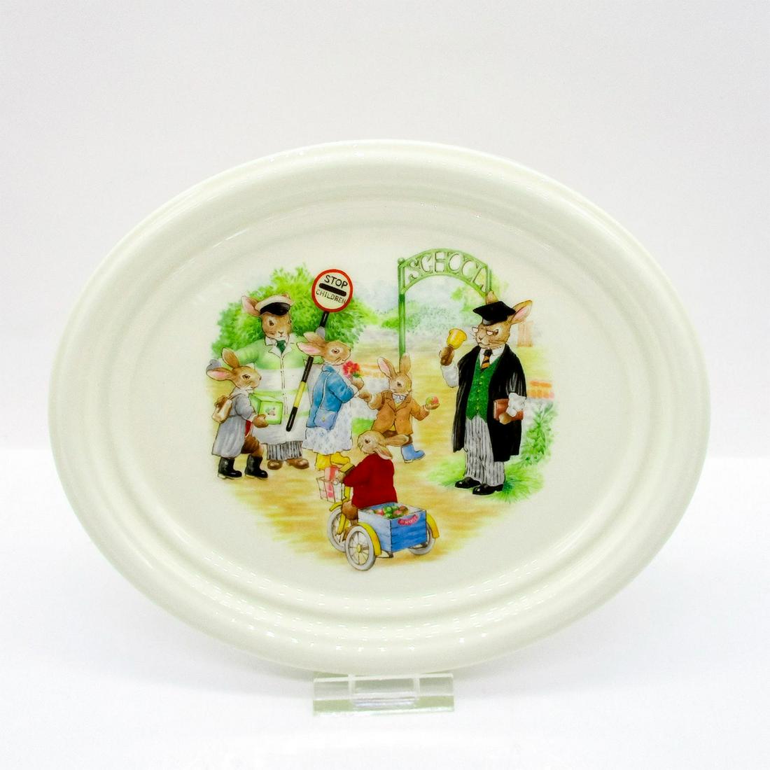 Royal Doulton Bunnykins Bone China Wall Plaque, School: Charming plaque of a school yard scene. Royal Doulton backstamp sticker. Issued: 1988 Dimensions: 7"W x 0.5"H Manufacturer: Royal Doulton Country of Origin: England