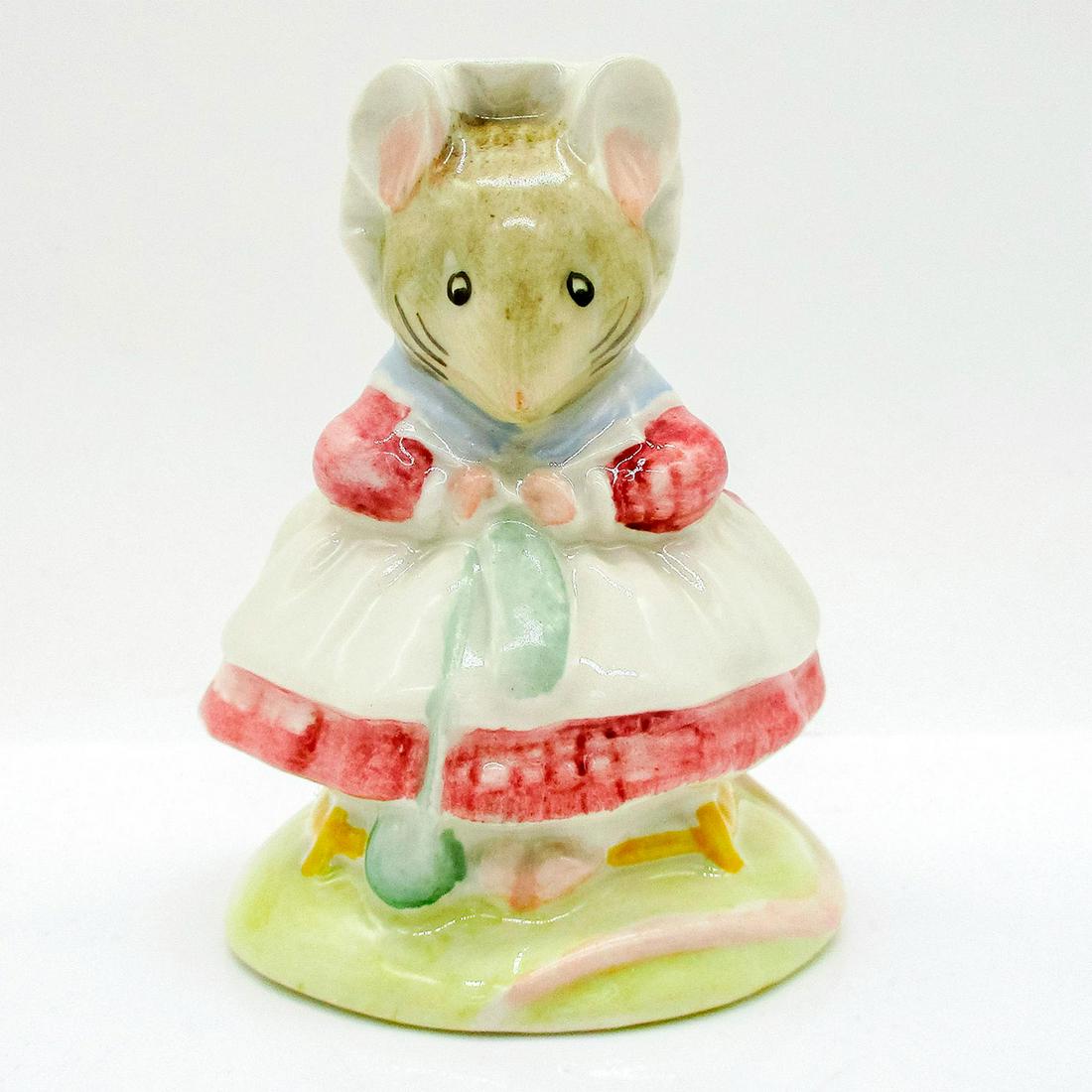 The Old Woman - Royal Albert - Beatrix Potter Figurine: Porcelain glazed figure of mouse in a purple dress, white apron, pale blue shawl and a mobcap, yellow chair. Royal Albert backstamp. Issued: 1989 Dimensions: 3"H Manufacturer: Royal Albert Country of