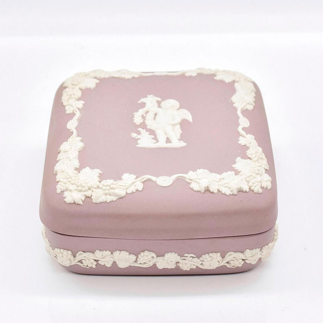 Wedgwood Lilac Jasperware Square Box: Lidded trinket box in lilac ground with sprigged Neoclassical Cupid Summer pattern in white relief. Impressed Wedgwood backstamp. #wedgwood #jasperware Issued: 20th c. Dimensions: 3.8"L x 3.8"W x 2"H 