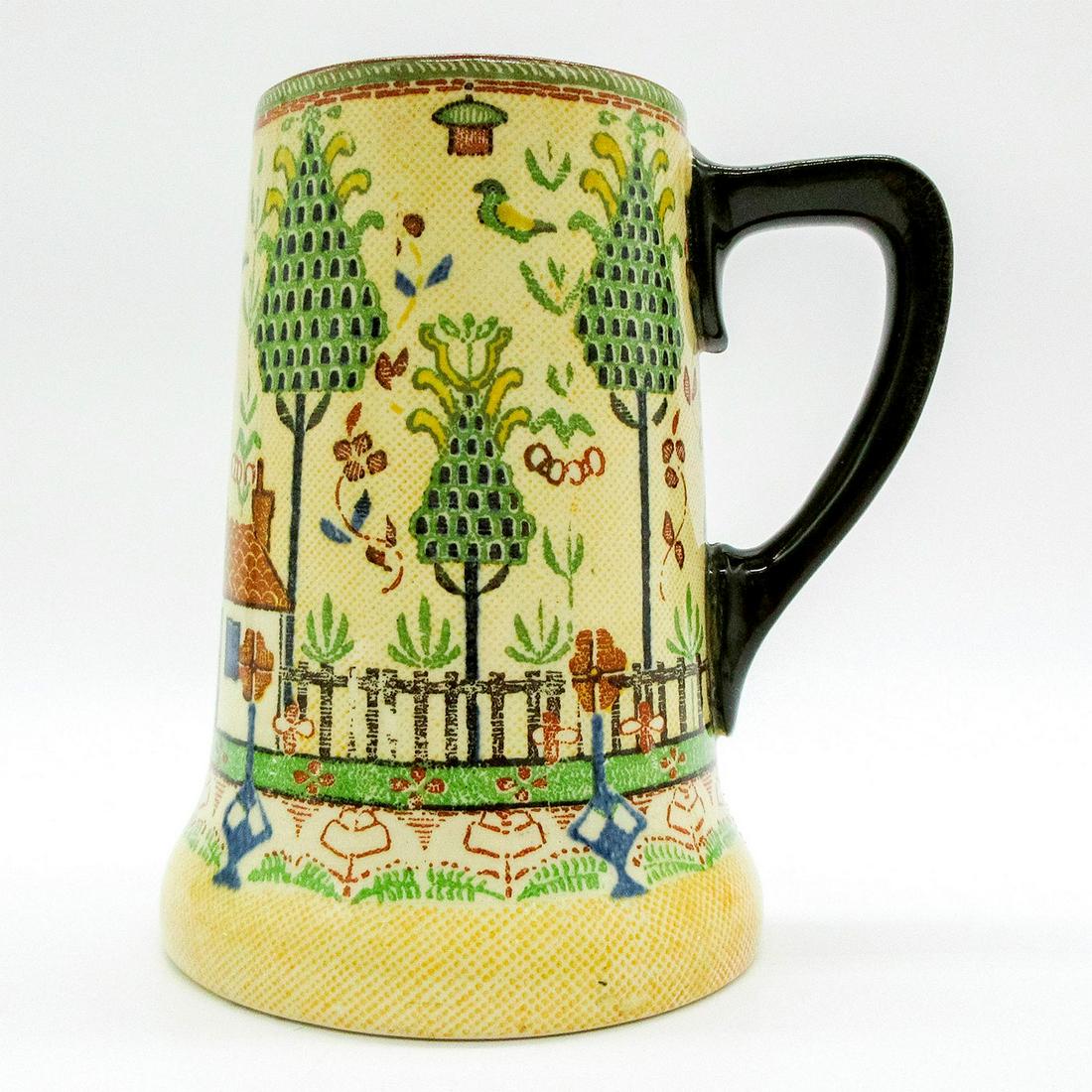 Royal Doulton Seriesware Stein, Sampler / Peter Pan: Seriesware polychrome stein/tankard : facade of house, door left. Royal Doulton backstamp. #seriesware #sampler #peterpan Issued: 1924-1936 Dimensions: 4.5"W x 6"H Manufacturer: Royal Doulton Country