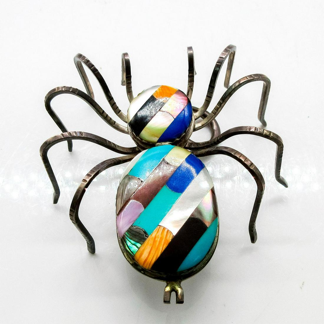 Vintage Large Spider Sterling Silver Brooch Pendant Inlaid (1 of 6)