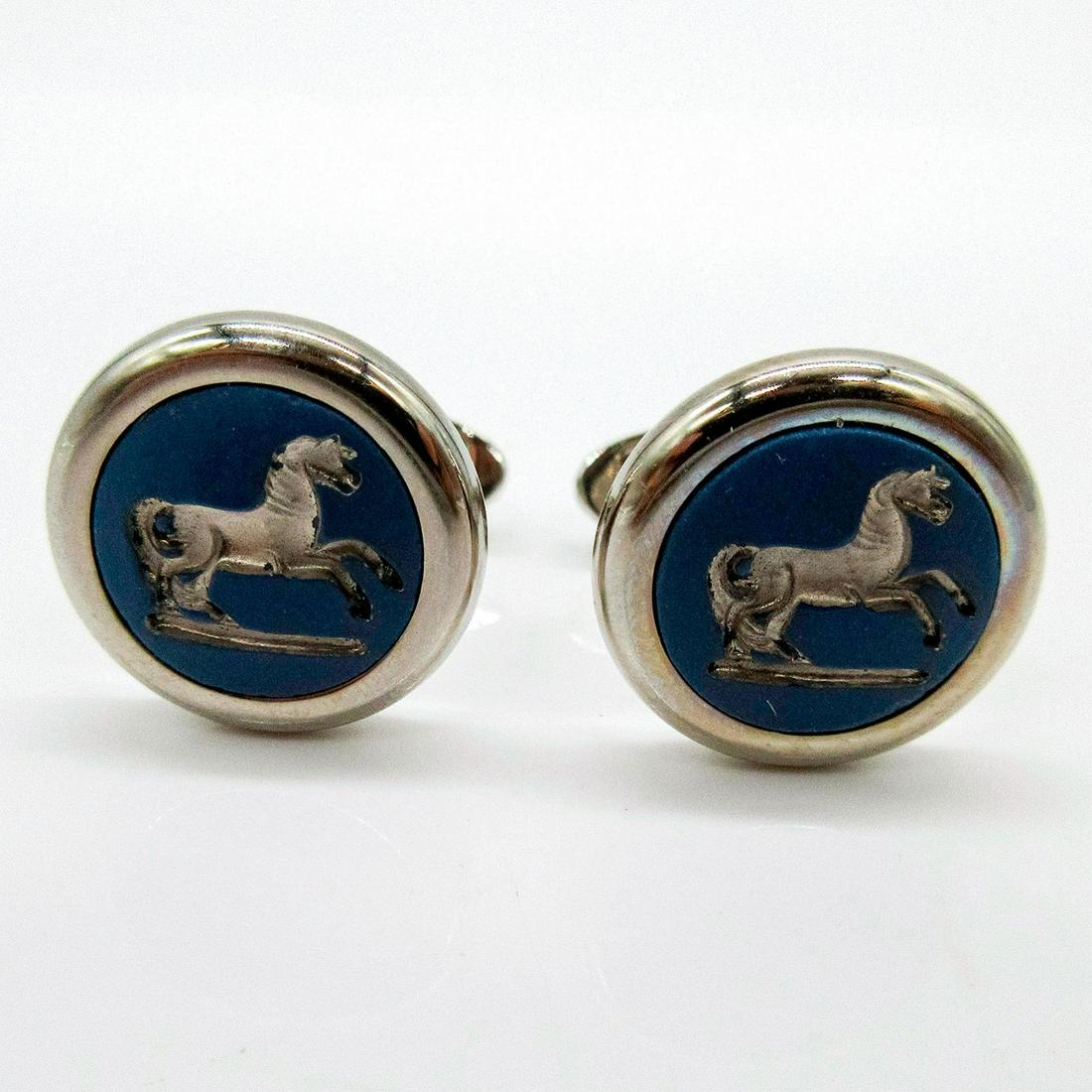 Wedgwood Jasperware Cufflinks, Horse: Silver toned cufflinks with silver incised reliefs of a horse on blue Jasperware. Wedgwood incised backstamp. Includes box. #Wedgwood #Cufflinks Issued: 20th c. Dimensions: .75" dia. Manufacturer: Wed