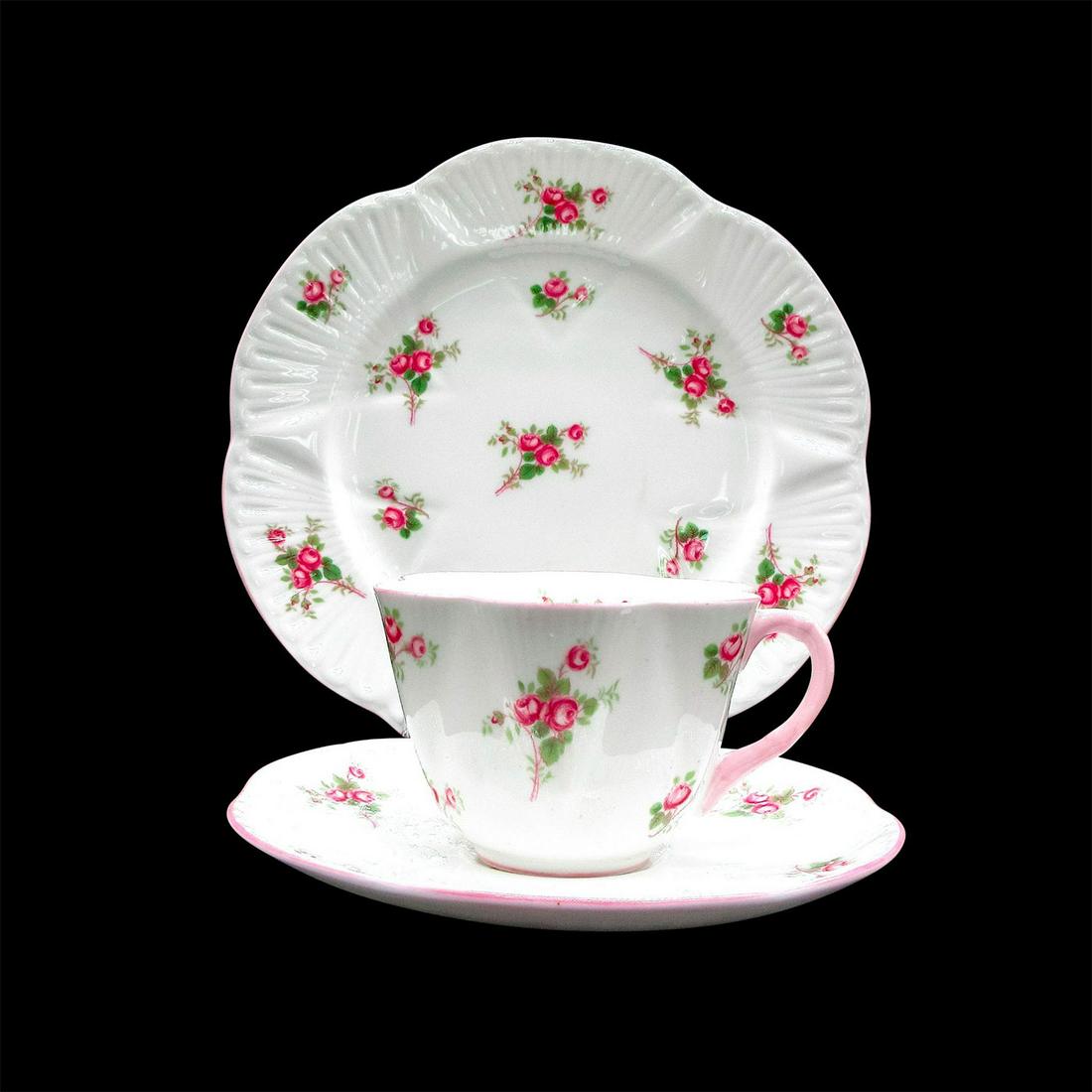 3pc Shelley England Tea Set Trio, Bridal Rose: Vintage bone china tea set; Dainty shape. Scattered pink rose design with pastel pink rim. Shelley England backstamp. 13545 stamped on base. Cup size - 2.5"H x 3.5" diameter. Saucer size - 0.75"H x 5.