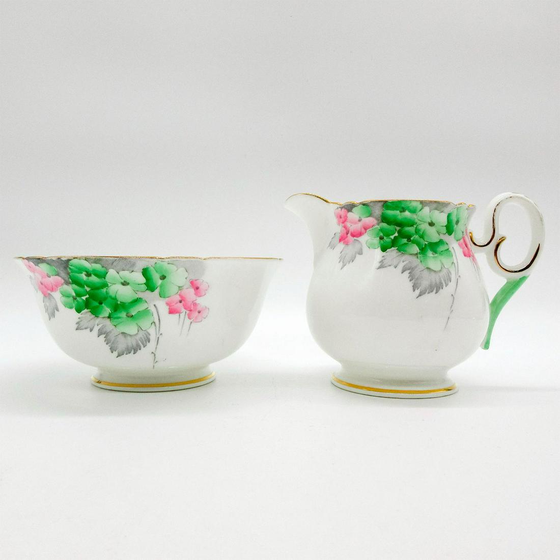 2pc Shelley England Creamer and Bowl, Green Phlox (1 of 5)