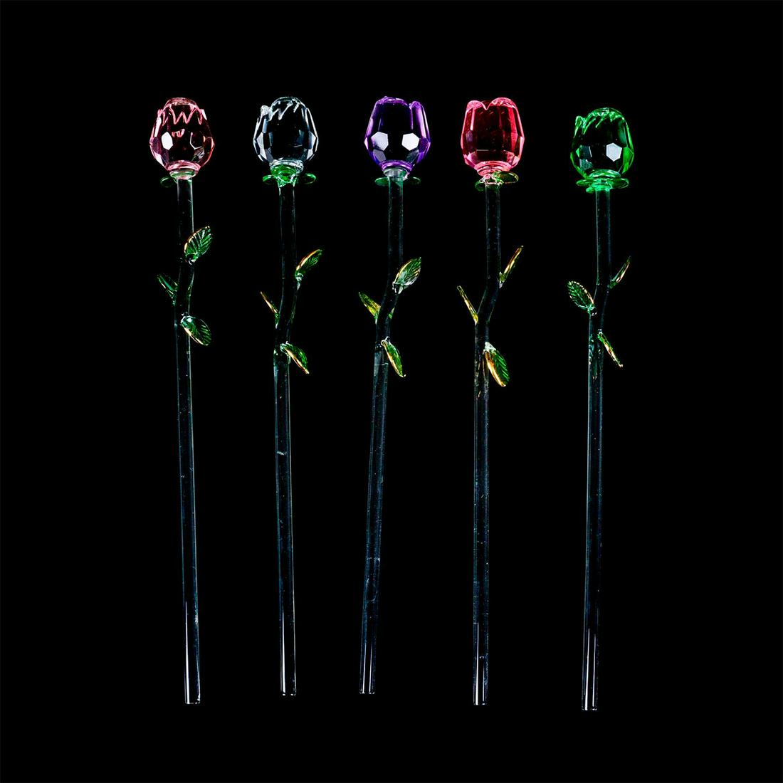 5pc Multi-colored Glass Roses: Decorative 13 inch height glass roses; pink, clear, purple and green coloration. Gilt accents on leaves. #glassroses