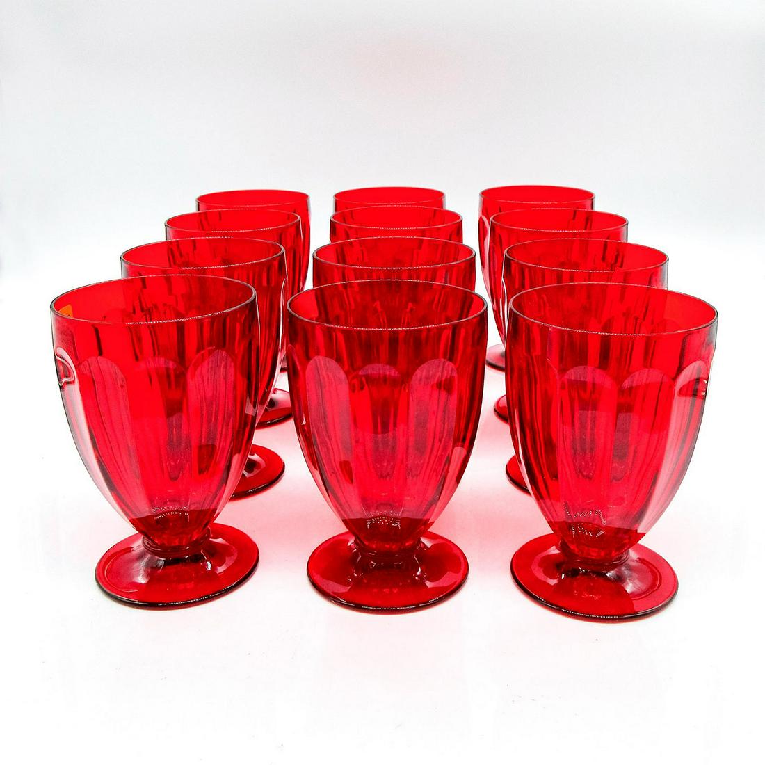 12pc Nachtmann Crystal Wine Glasses, Giardino: In red coloration. Nachtmann backstamp. Factory sticker on one glass. 24% Pbo. #Nachtmann Dimensions: 4.5"H Issued: 20th c. Manufacturer: Nachtmann Country of Origin: Germany