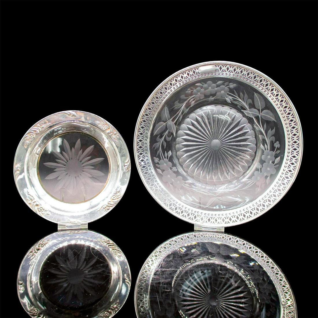 2pc Antique Etched Glass and Sterling Silver Plates (1 of 2)