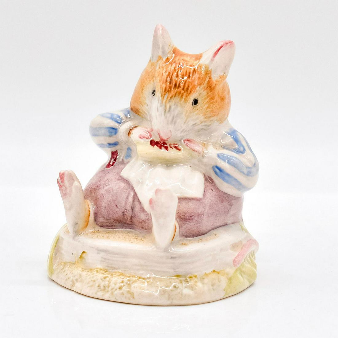 Mr. Toadflax DBH10C - Brambly Hedge Royal Doulton Figurine: Style One, Third Version. Tail at back with cushion. Blue and white striped shirt, lilac trousers, multicolored cushion. Royal Doulton backstamp. #royaldoulton #bramblyhedge Artist: Harry Sales, David