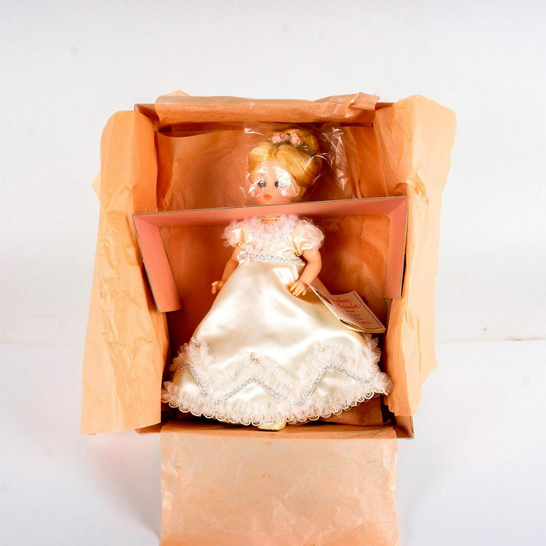 Madame Alexander Doll, Louisa Adams: Vintage doll wearing a white period style gown with white lace details and metallic silver threading. From the First Lady Doll Collection Series II. Includes white lace petticoat, bloomers, shoes, and