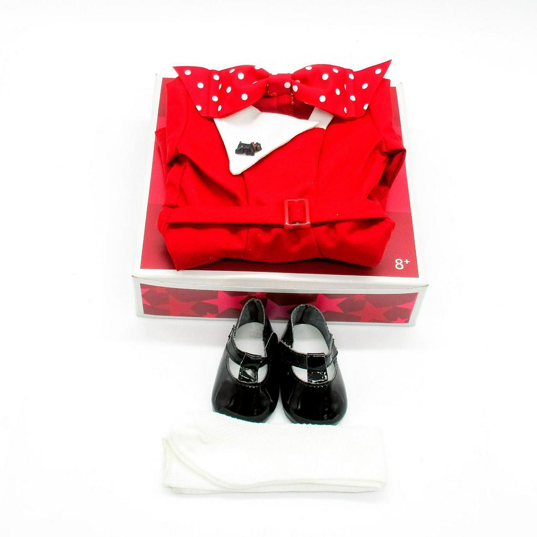 American Girl Accessories, Kit's Holiday Outfit: Adorable red and white collared dress with black plastic Scottish terrier pin. Red belt with plastic buckle. Red clip-on bow with white polka dots and black patent leather shoes included. Original box