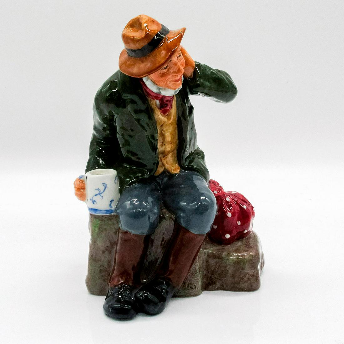 Owd Willum HN2042 - Royal Doulton Figurine: Blue pants, green jacket, brown hat; holding a coffee mug in left hand.