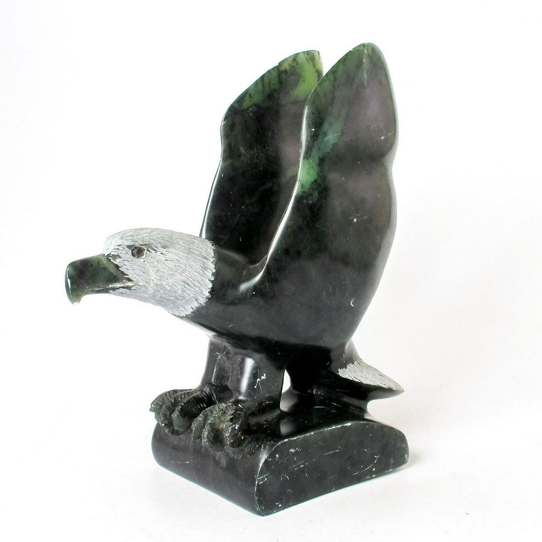 Inuit Soapstone Sculpture, Signed, Bald Eagle: Artist signed and dated on base. Bald eagle on base sculpture; hand-carved dark and light green stone.