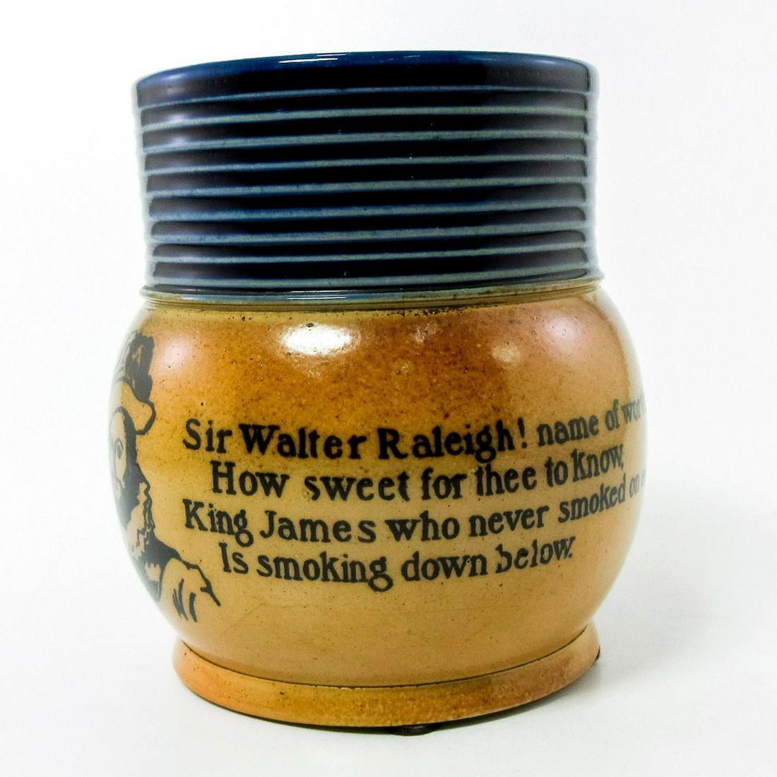 Royal Doulton Stoneware Motto Vase, Sir Walter Raleigh: Salt-glazed stoneware vase in brown and blue coloration, with applied verse and portraits.