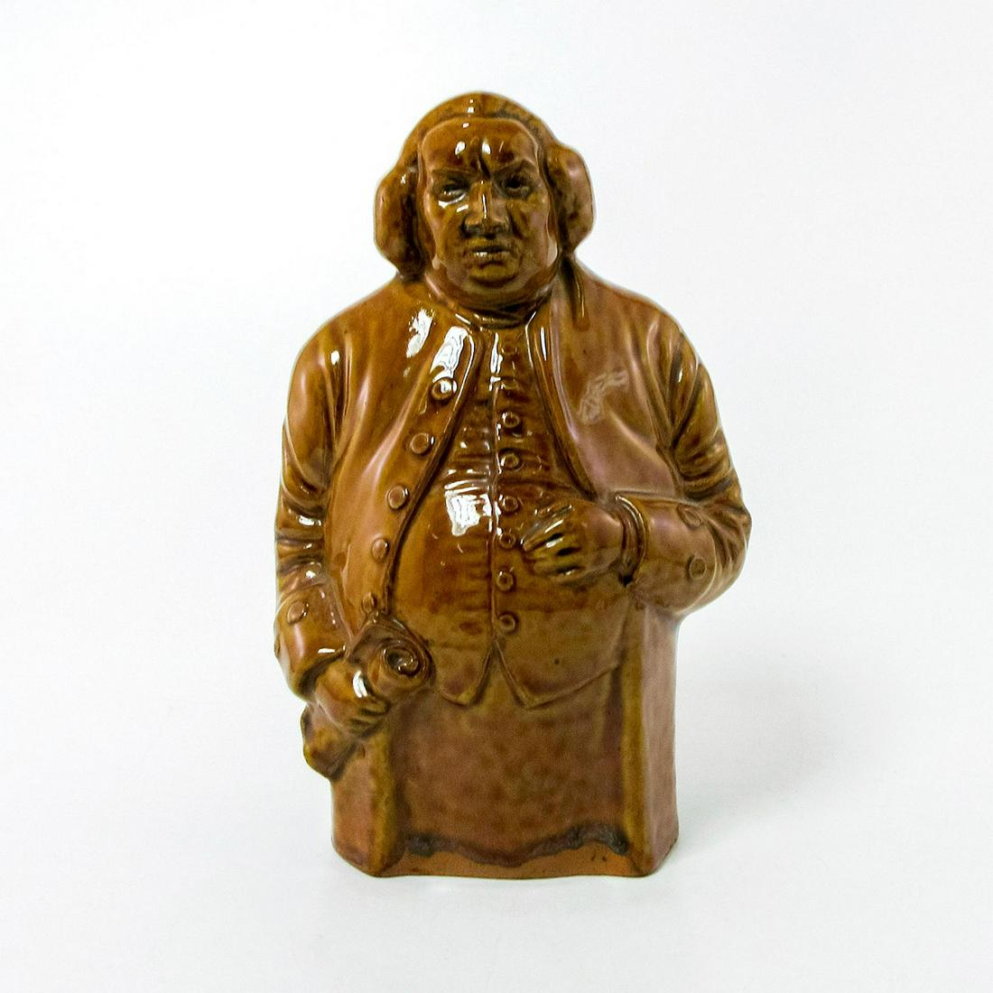 Doulton Lambeth Stoneware Spirits Flask, Samuel Johnson: Glazed flask of the great English poet, essayist, moralist, and wordsmith (1709-1784).