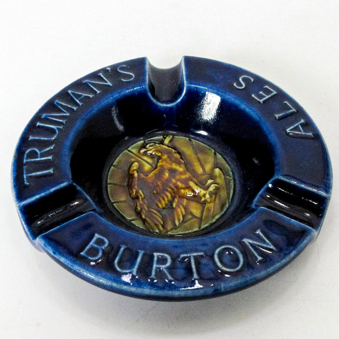Doulton Lambeth Adware Ashtray Truman's Burton Ales: Stoneware in blue, with brown eagle in center. Marked with "Truman's Burton Ales."