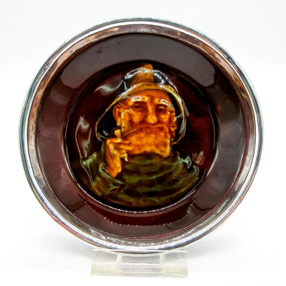Ashtray, Fisherman - Royal Doulton Kingsware: In brown, tan, white, and green coloration, with sterling silver rim.