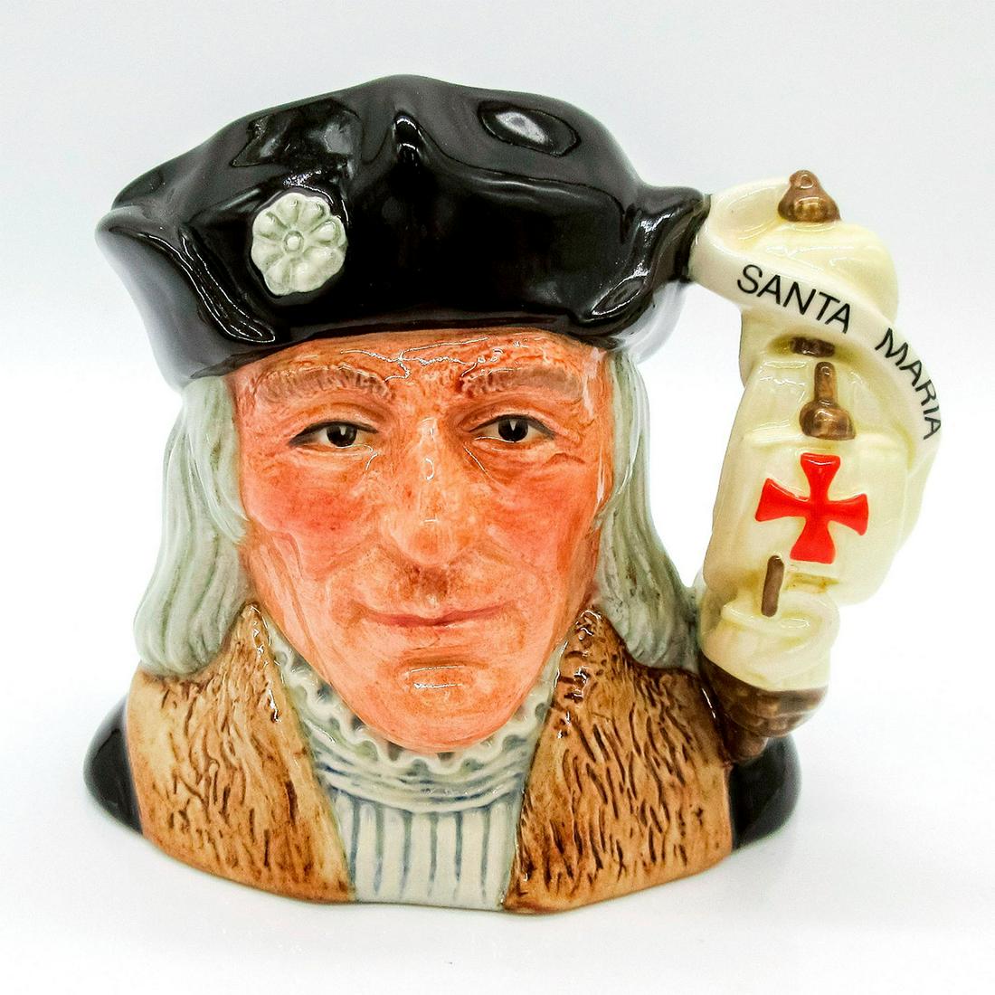 Columbus D6911 - Small - Royal Doulton Character Jug: Italian explore, Christopher Columbus, in a brown coat and hat. Santa Maria handle.