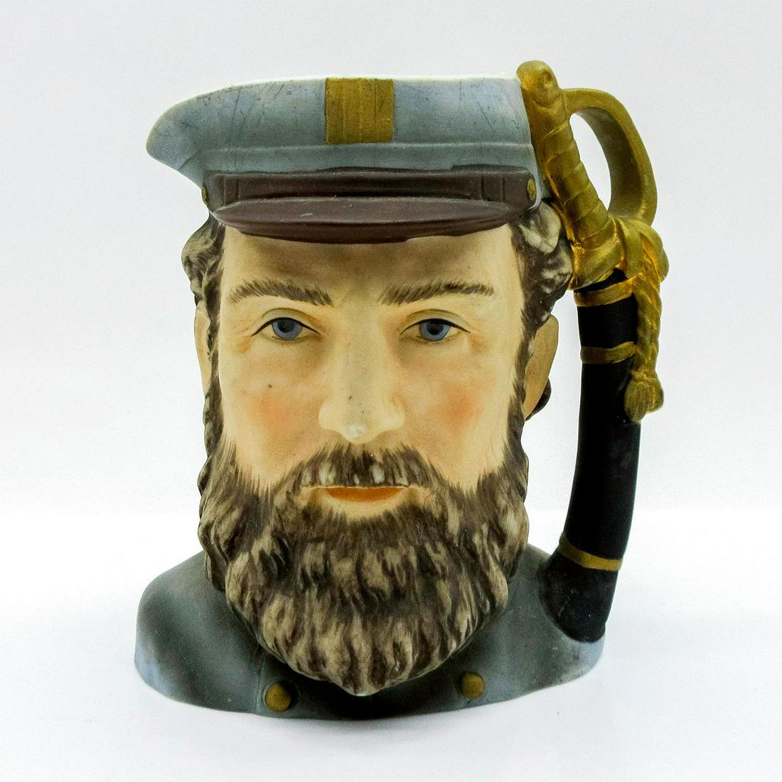 Lefton China Character Jug, Stonewall Jackson: Modelled as the Civil War Confederate general wearing his blue uniform. Sword scabbard handle.