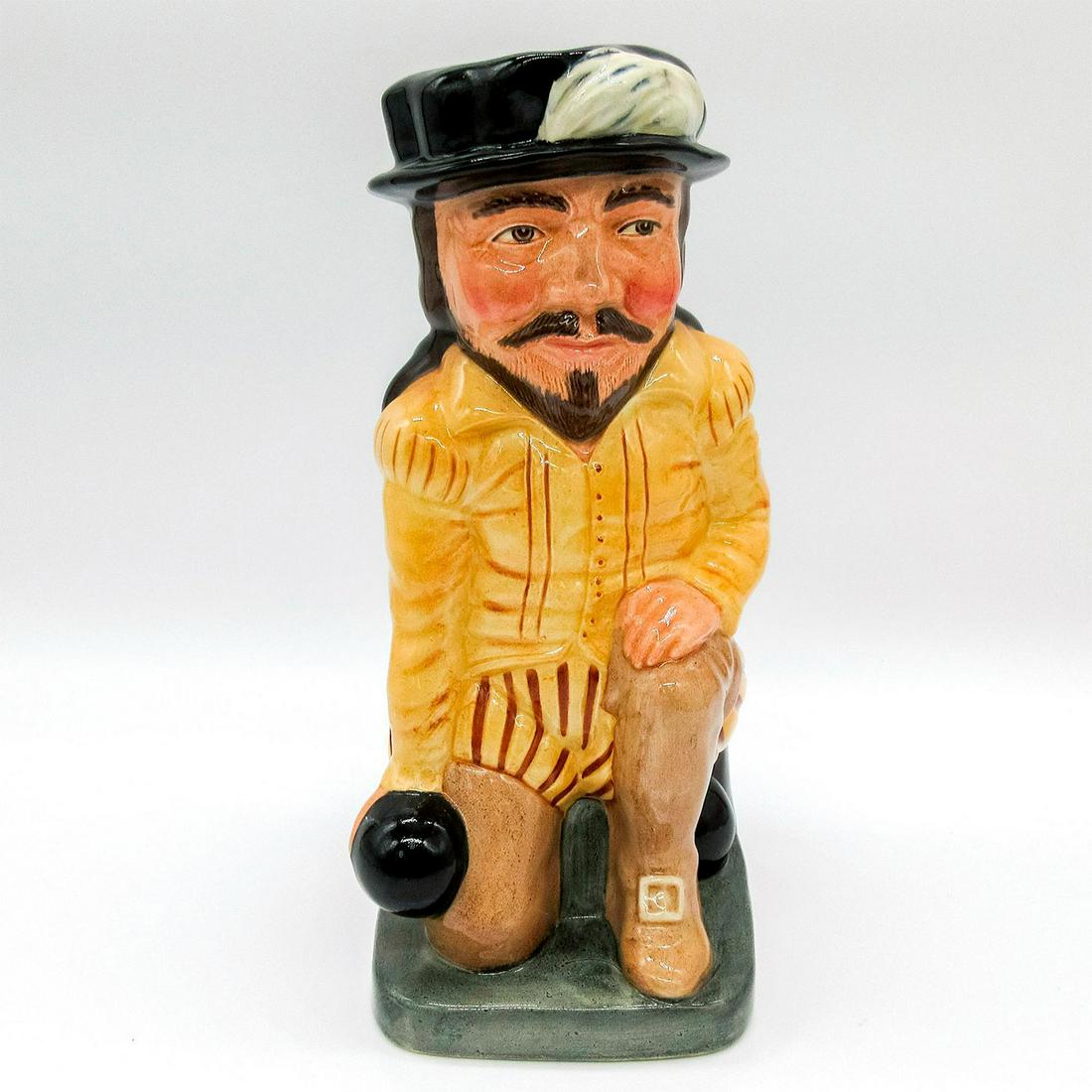 Sir Francis Drake D6660 - Royal Doulton Large Toby Jug: Men of History series. Black hat with white feather; yellow with brown tunic; tan boots. Royal Doulton backstamp.