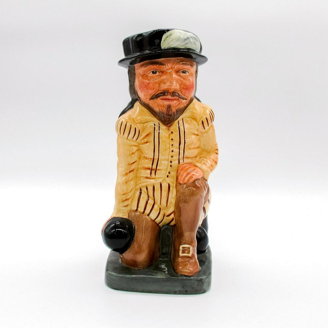 Sir Francis Drake Large D6660 - Royal Doulton Toby Jug: Black hat with white feather; yellow with brown tunic; tan boots.
