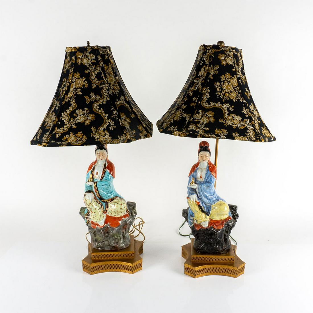 Pair of Chinese Ceramic Figural Lamps with Shades (1 of 12)