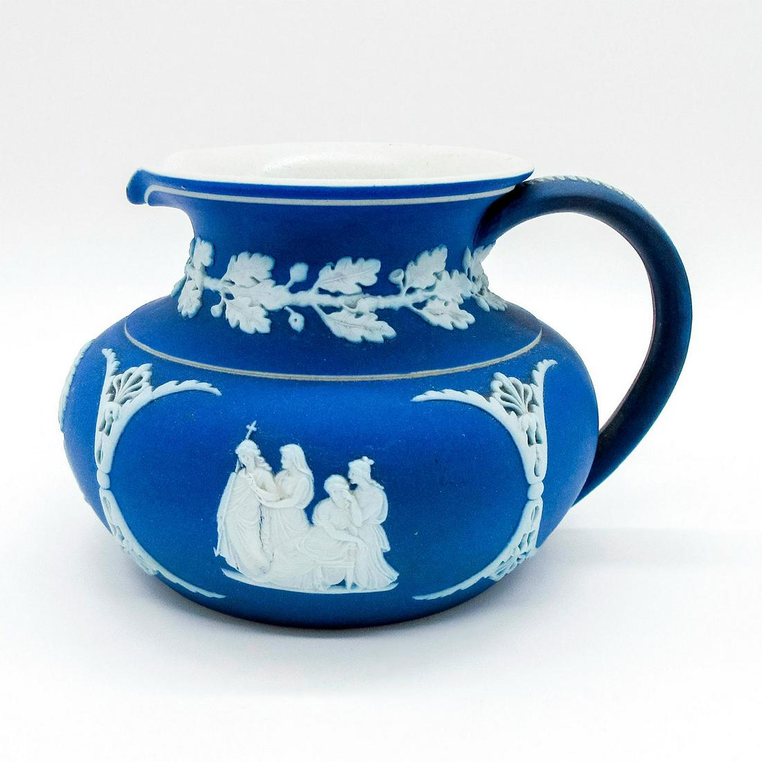 Wedgwood Blue Jasperware, Mini Creamer: Mini 6 oz creamer dipped in blue Jasperware with Neoclassical figures in white relief. Impressed Wedgwood backstamp. #wedgwood #jasperware Issued: 20th c. Dimensions: 3.5"H x 4.5" dia. Manufacturer: W