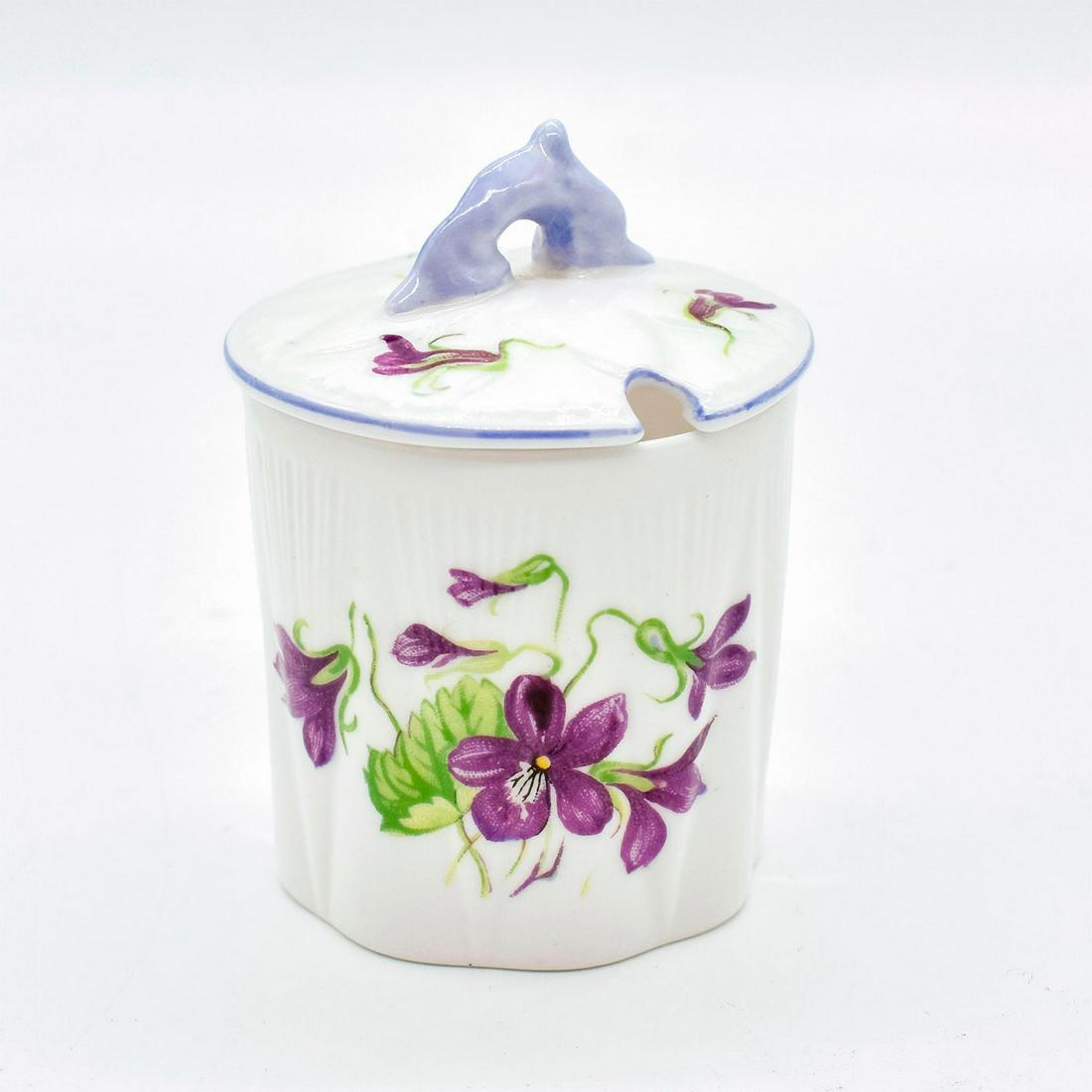 Shelley Lidded Mustard Jar, Violets: Fine Bone China. Dainty shape. Purple violet floral pattern with lilac rim and handle. Shelley backstamp. Marked 13821. #shelley #bonechina Issued: 1945 - 1966 Dimensions: 3"H x 2" dia. Manufacturer: 