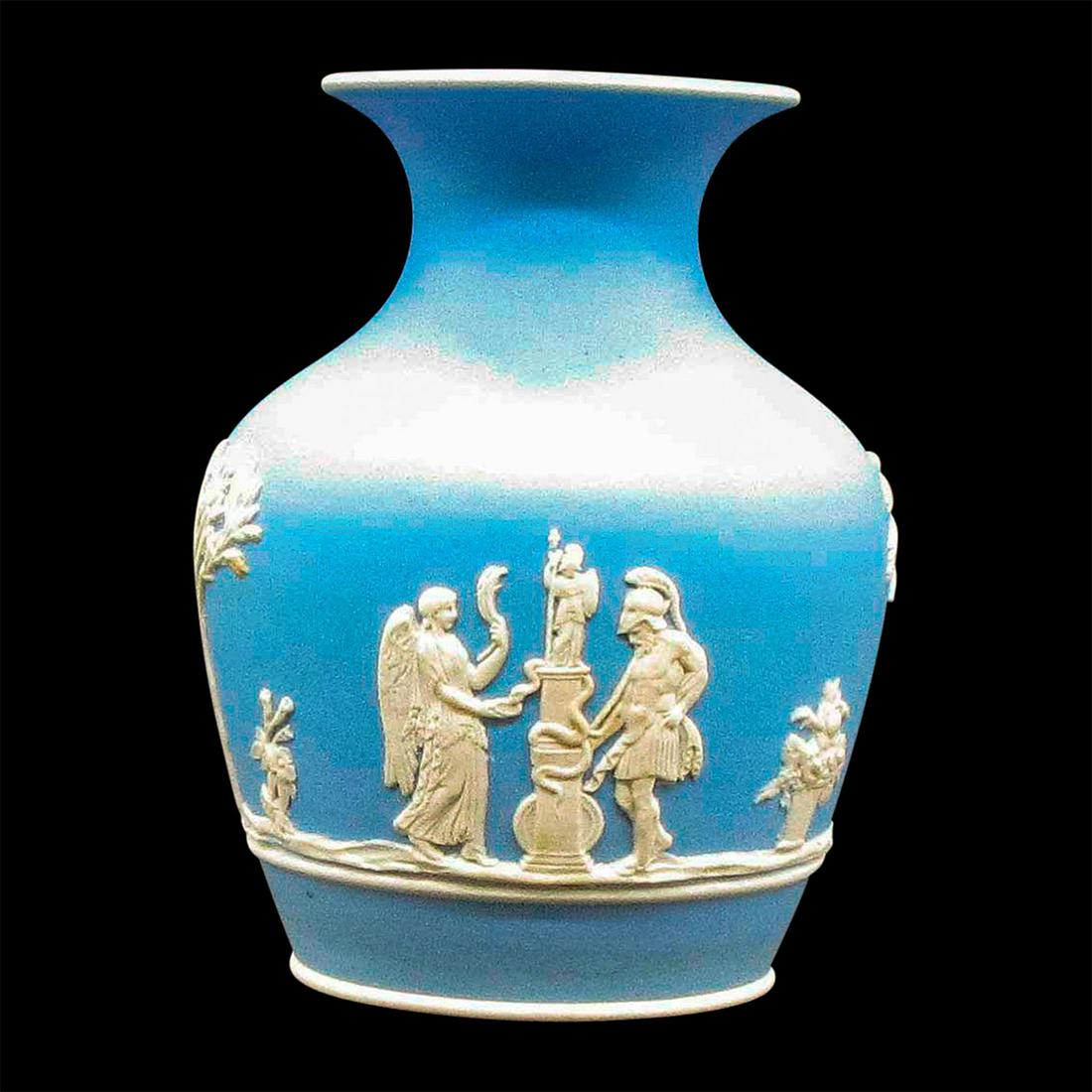Wedgwood Light Blue Jasperware Vase, Artemis: Decorative stoneware with a neoclassical white cameo of Greco-Roman warriors and Angel honoring Goddess Artemis. Wedgwood impressed backstamp. #Jasperware #wedgwood Dimensions: 4.25"H Edition Number: 