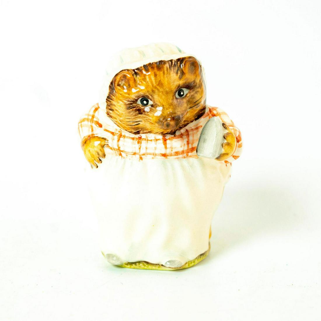 Mrs. Tiggy Winkle, Beswick, Beatrix Potter Figurine: Beswick Backstamp. Plaid striped red- brown and white dress, green and blue striped skirt, white apron. Artist: Arthur Gredington Issued: 1970-2000 Dimensions: 3.25''H Manufacturer: Beswick Country of