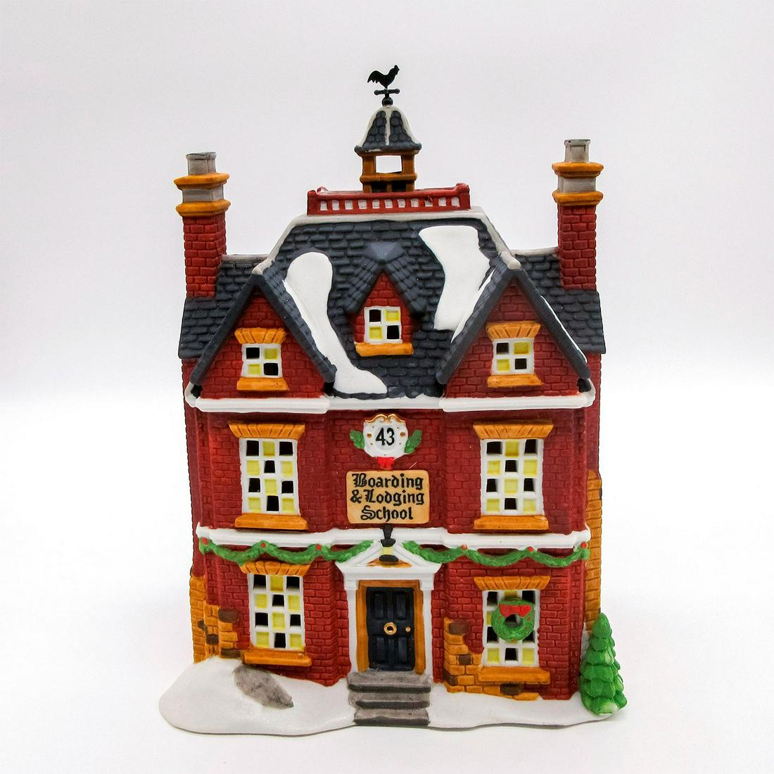 Department 56 Figure, Boarding & Lodging School: Porcelain building with light feature. Hand painted. Part of The Heritage Village Collection and Dickens' Village series. Comes with original box. Department 56 backstamp. Approximate dimensions of bo