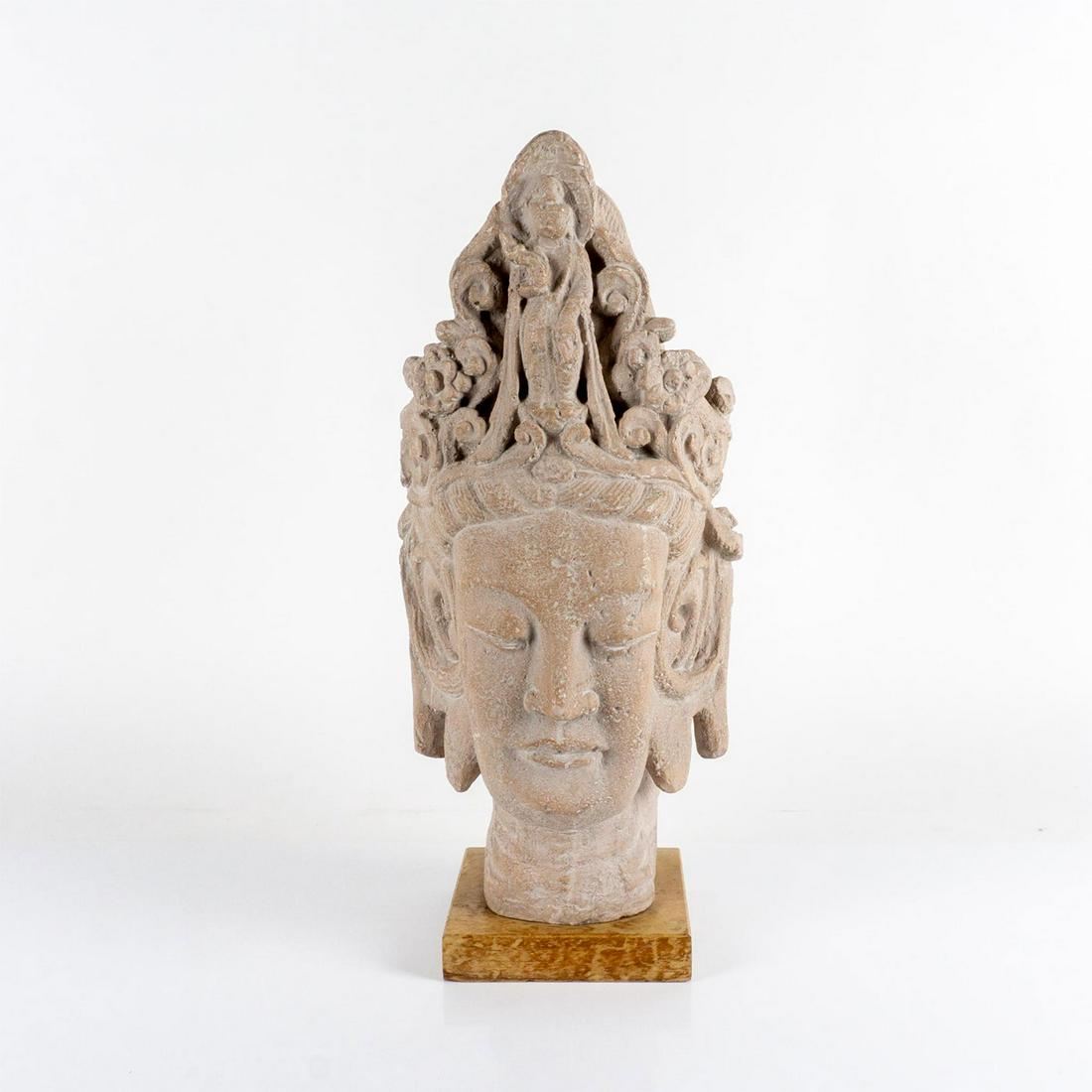 Austin Productions Guanyin Bodhisattva Head Sculpture: Durastone sculpture of the Buddhist bodhisattva of compassion, Guanyin, on a wooden base. Austin Productions engraved mark on the side. #AustinProductions #Sculpture #Durastone #Bodhisattva #Guanyin I