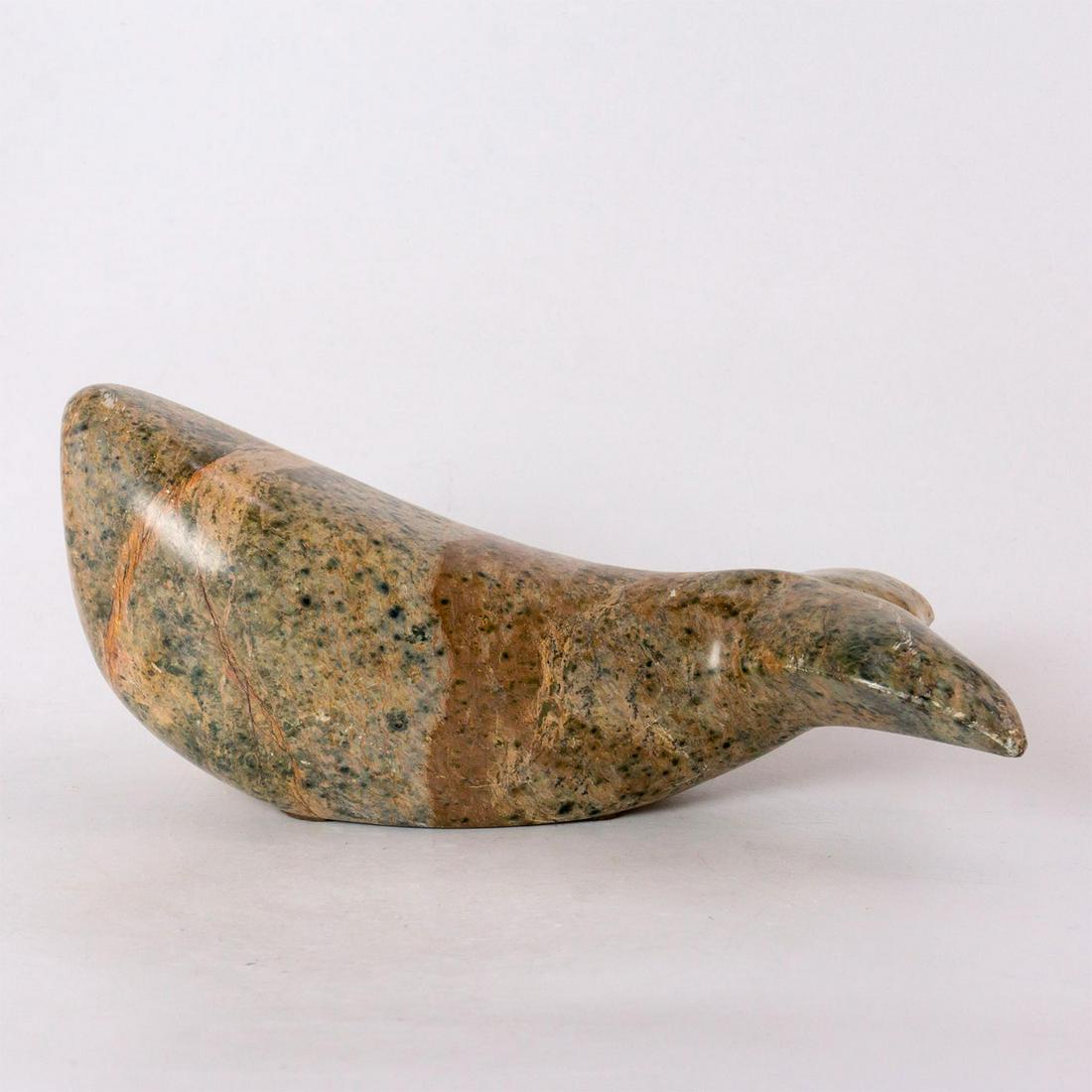Louis, Signed Inuit Soapstone Sculpture, Whale: Artist signed on base. Simple whale art sculpture; hand-carved beautiful brownish pink stone with grey inclusions. #Inuit #stonecarving #tribalart #sculpture #whale Artist: Louis Issued: 20th c. Dimen