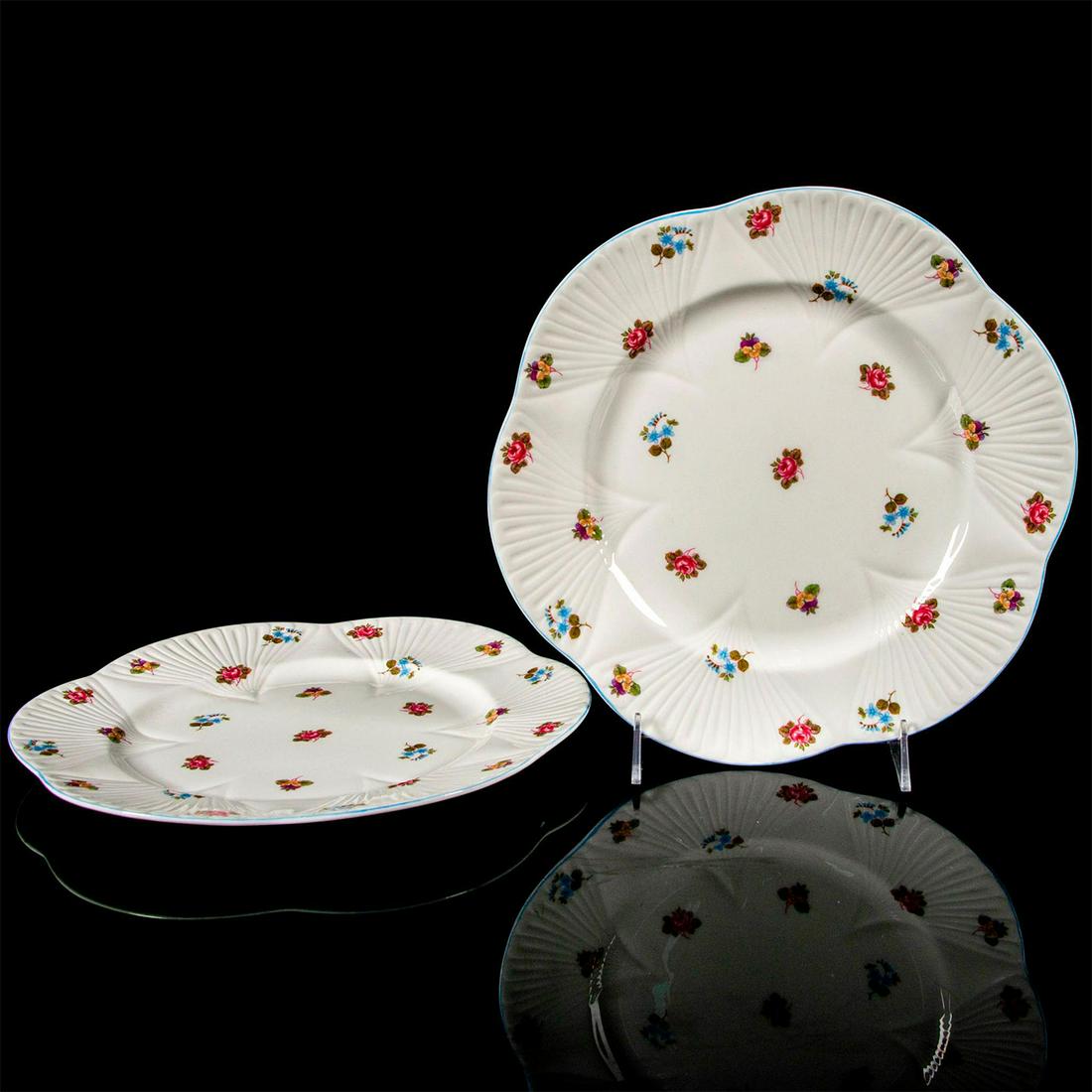 2pc Shelley England Dinner Plates, Rose Pansy Forget Me Not: Vintage fine bone china plates; Dainty shape. Scattered floral design with pale blue scalloped rim. Shelley England backstamp. 13424 stamped on base. #dinnerware #Shelley Issued: 1945-1966 Manufacture