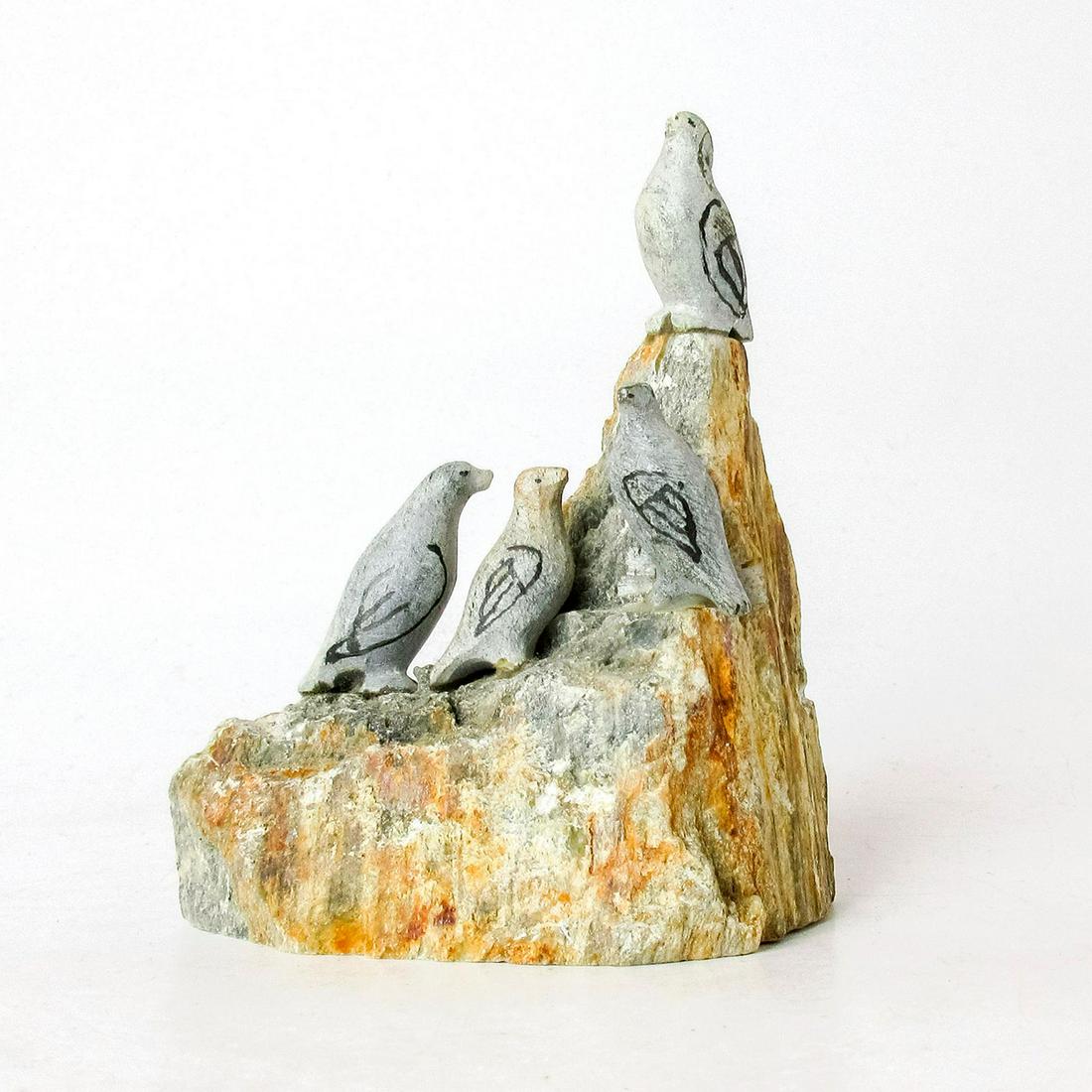 Ben Saclamana, Signed, Inuit Soapstone Sculpture: Artist signed on base. Seagulls on cliff sculpture; hand-carved grey stone with natural brown stone. Ben Saclamana incised on base. #Inuit #stonecarving #tribalart #sculpture #seagull Artist: Ben Sacl
