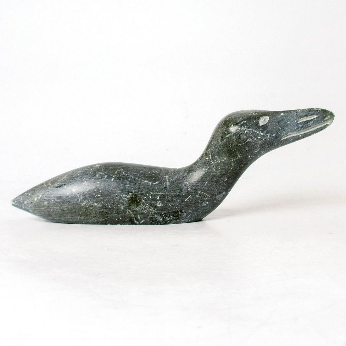 Inuit Soapstone Sculpture, Signed, Bird: Canadian aboriginal syllabics incised on base. Bird indigenous art sculpture; hand-carved light grey stone. #Inuit #stonecarving #tribalart #sculpture #bird Issued: 20th c. Dimensions: 6"W x 2.25"H Co