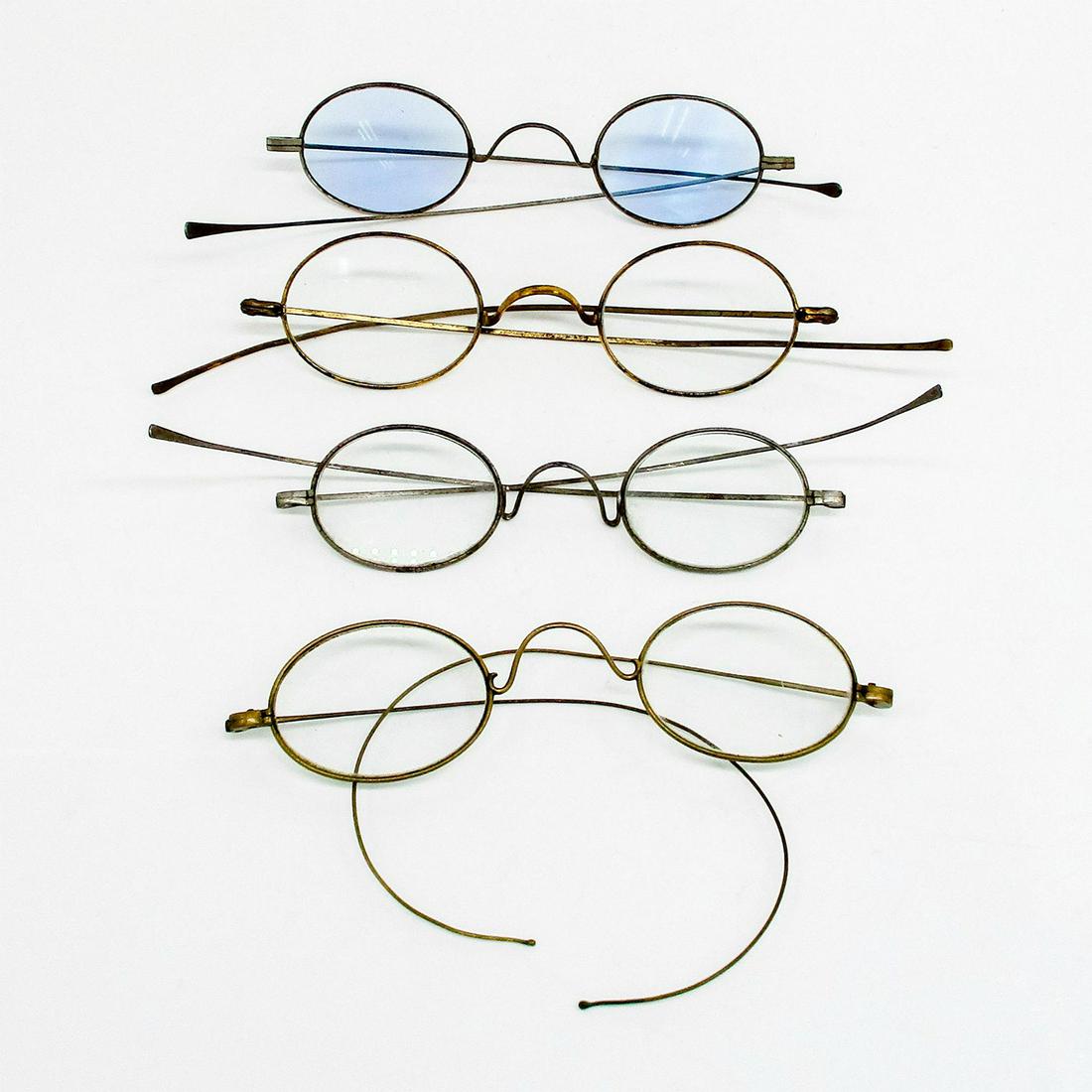 4pc Antique Prescription Spectacles, Metal Alloy Frames: Four pairs of spectacles of various prescriptions and metals. One loop around, the other three are straight temples. Issued: 19th c. Dimensions: 4.75"L x 5"W x 1.25"H