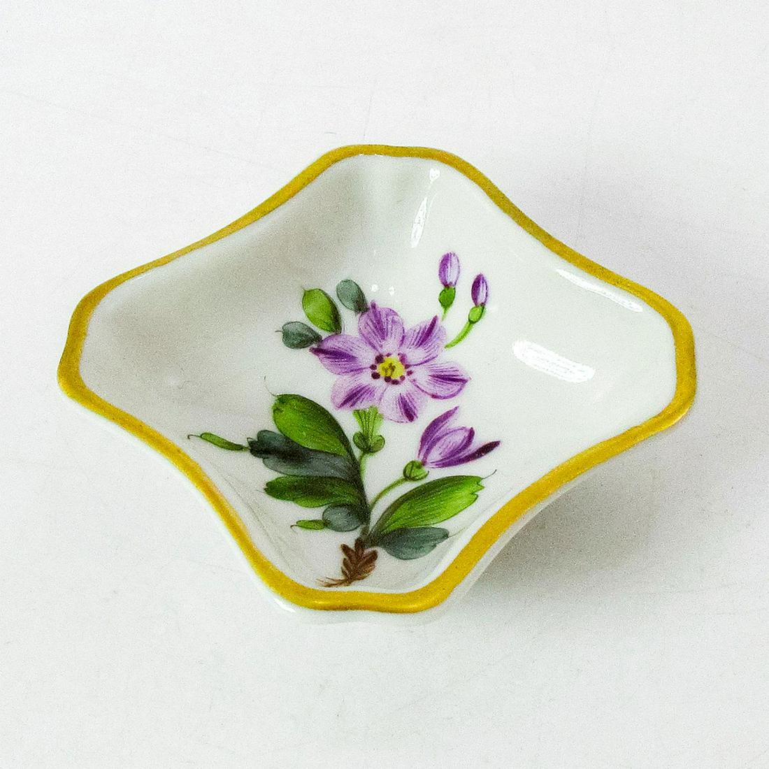 Vintage Herend Hungary Floral Ring Tray Miniature Dish: Green and purple floral pattern with gilded rim. Herend backstamp. #Herend #Ceramics #Vintage Issued: 1970s. Dimensions: 2.25"L x 2.25"W x 0.75"H Manufacturer: Herend Country of Origin: Hungary