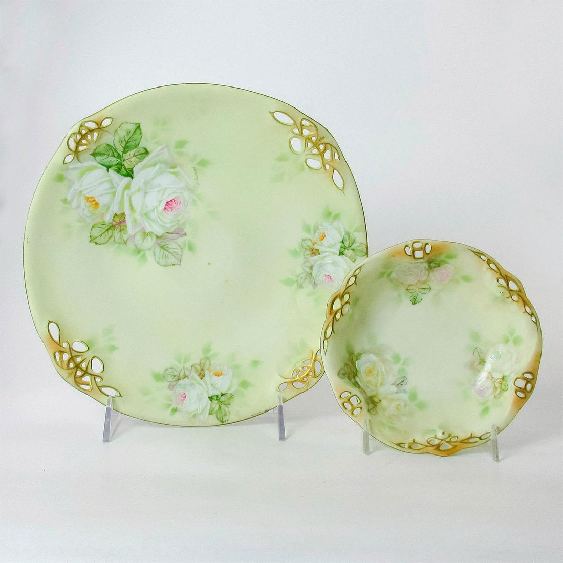 2pc Set Royal Bayreuth Bavaria Vintage Floral Plates: Hand painted Old Ivory White Rose pattern large reticulated platter and a bowl. Plate is 10.5"dia, bowl is 5.5"dia x 1.5"H. Royal Bayreuth backstamp. #Germany #Porcelain #Dinnerware Issued: 20th c. Ma