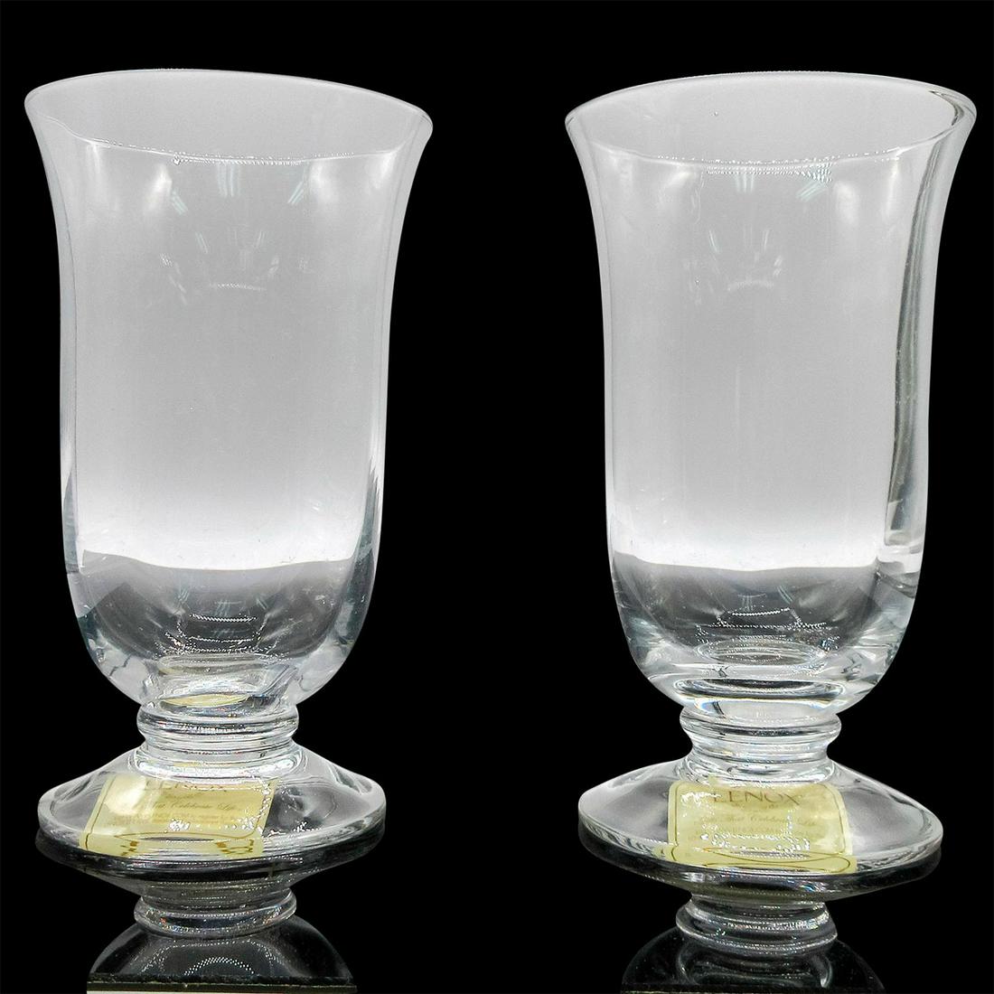 2pc Lenox Highball Glasses, Colore 6242275: Uniquely designed short stem clear beverageware. Includes original Lenox box for four glasses; two missing. Dimensions of box: 9"L x 9.5"W x 9H" Original product stickers on both glasses. Lenox etchin