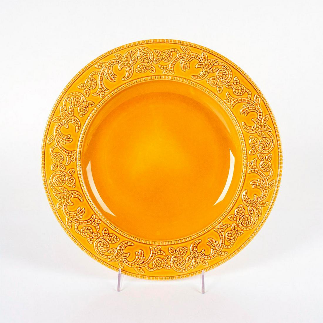 Lenox Round Platter, Mosaic D'Italia: 14 inch diameter mustard coloration round platter; mosaic style foliate pattern in relief along the rim. Lenox backstamp. Comes with original box; size - 3.5"H x 15.5"W x 15.75"L. #lenox Issued: c. 20