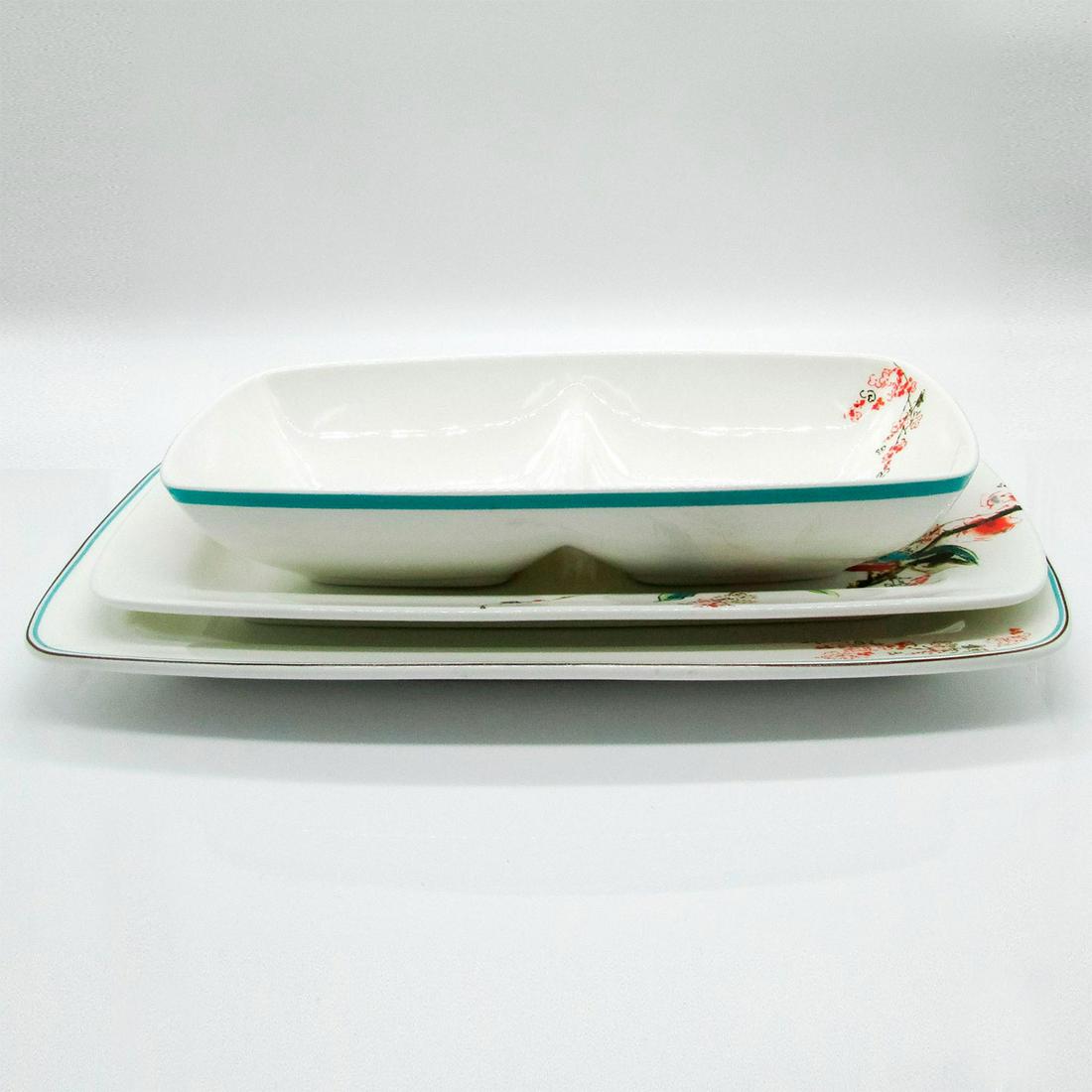 3pc Lenox Simply Fine Serveware, Chirp: Glossy finish. Includes divided server, hors d'oeuvre tray, and rectangular platter. Bone china. Lenox backstamp. Comes with original box. Dimensions of divided server: 11.75"L x 6.5"W. Dimensions of
