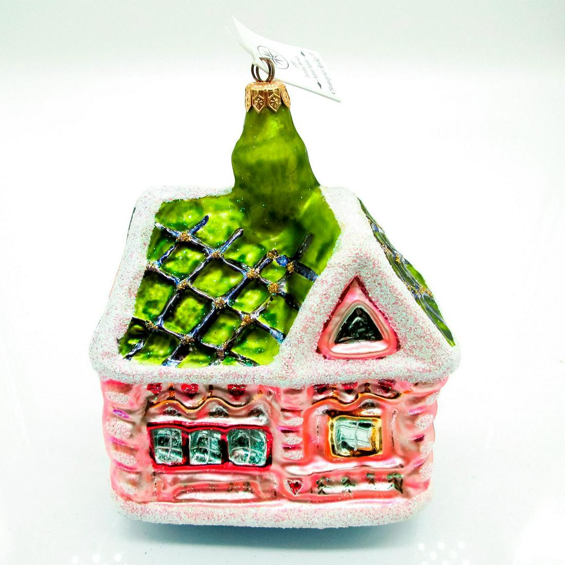 Nibble Nibble, Christopher Radko Ornament: From the Sunday Brunch series. Depicts blown glass glittered gingerbread house. Includes original tag and original box. #radko #ornament #nibblenibble Artist: Christopher Radko Issued: 1997 Dimensions