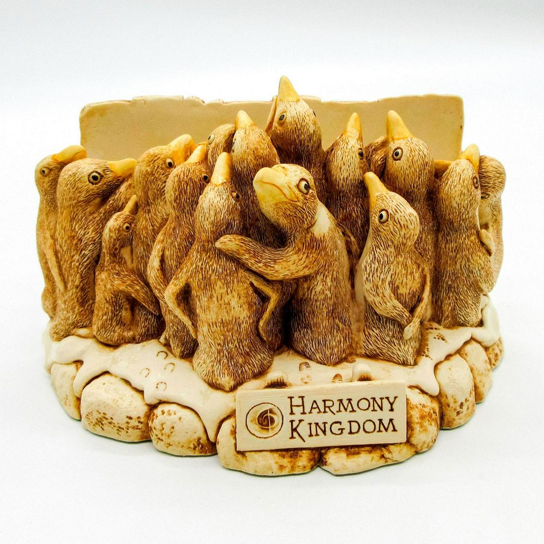 Harmony Kingdom Trinket Box, Holding Court: Depicts gathering of penguin looking birds; has opening. Piece may be used as a mail or letter holder. Includes original box. Harmony Kingdom backstamp. #penguins #birds #gathering #court #mail Artist