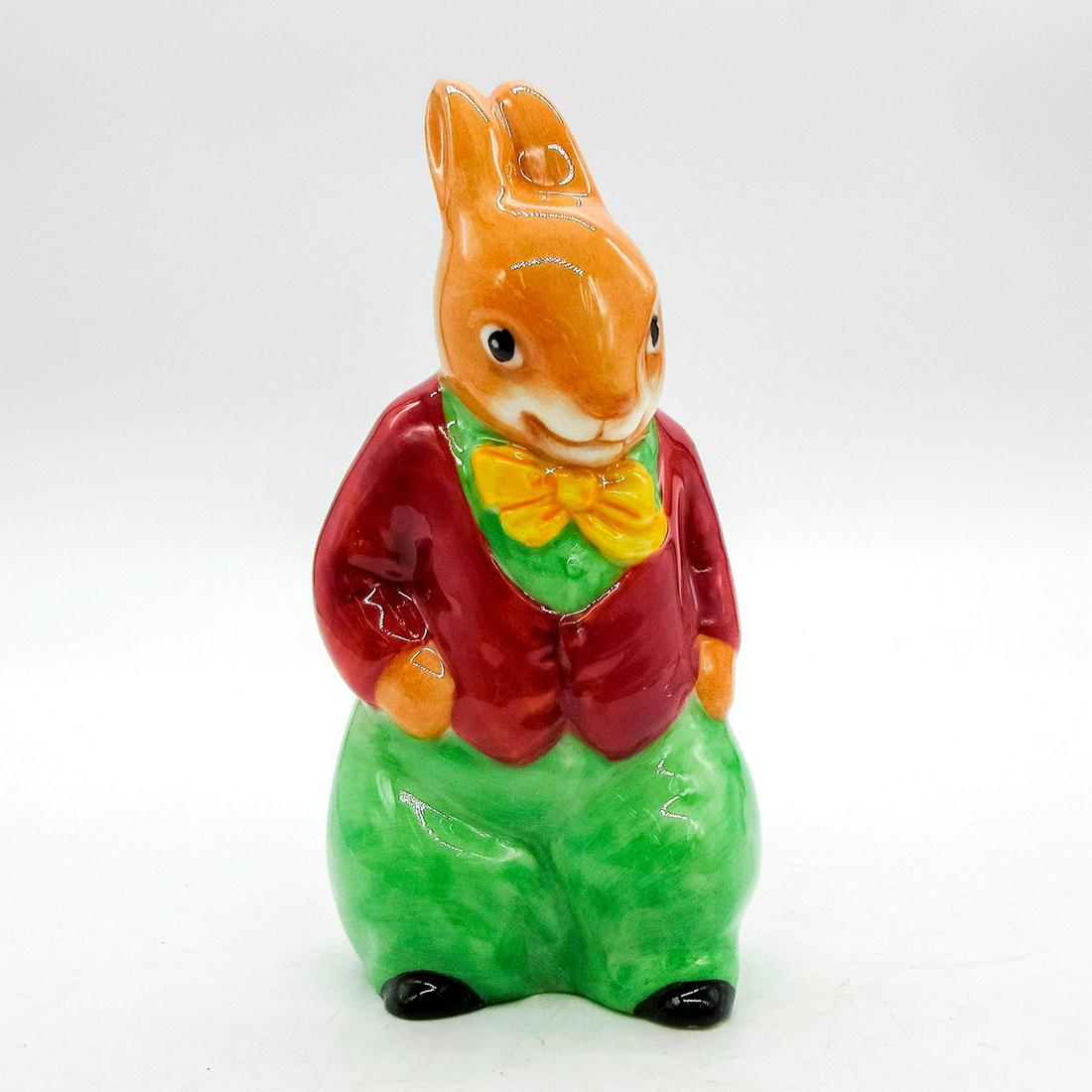 Freddie DB475 - Royal Doulton Bunnykins: Glazed porcelain bunny in green and maroon ensemble with yellow bowtie. Royal Doulton backstamp marked on bottom. Signed by Michael Doulton. Artist: C. Noke in 1913 Issued: 20th c. Dimensions: 5"H Edi