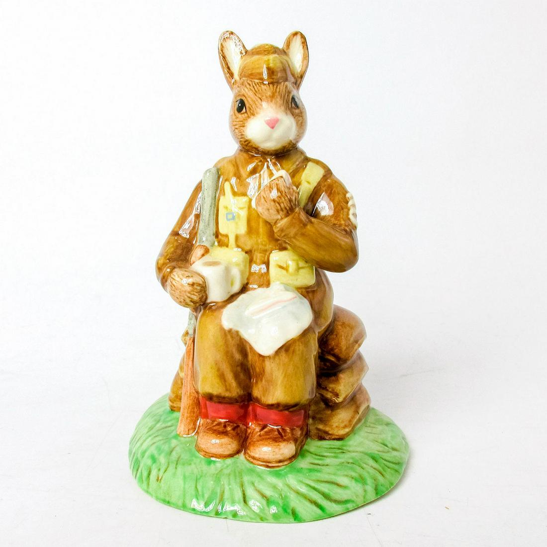 Homeguard DB371 - Royal Doulton Bunnykins: Khaki uniform, dark brown shoes, gun and sacks, white cup, napkins and sandwich. Royal Doulton backstamp. Artist: Unknown Issued: 2005 Dimensions: 4.25"H Manufacturer: Royal Doulton Country of Origin: